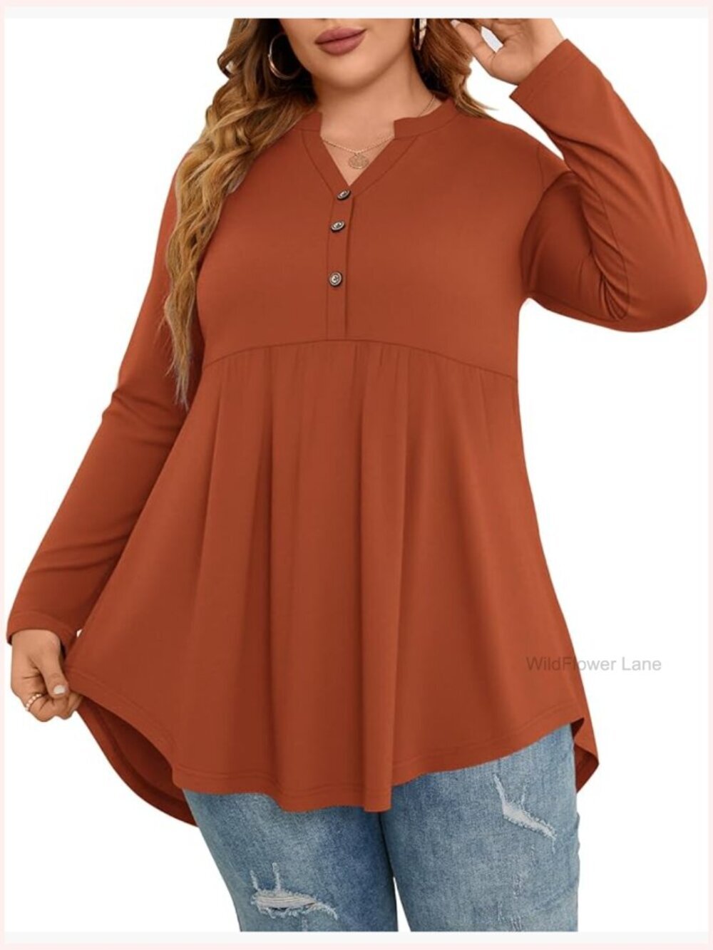 Plus Size Long Sleeve V Neck Henley Button Up Flowy Tunic Blouse